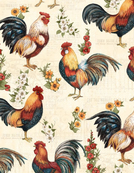 Garden Gate Roosters - Large All Over Cream - Licence To Quilt