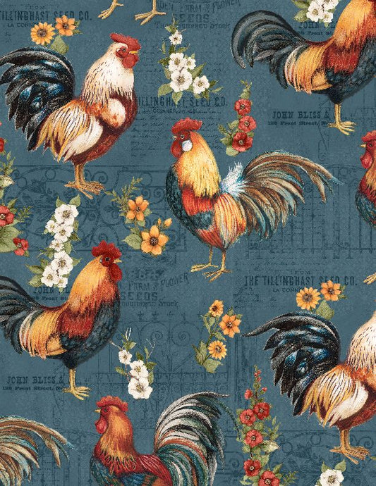 Garden Gate Roosters - Large All Over Teal - Licence To Quilt