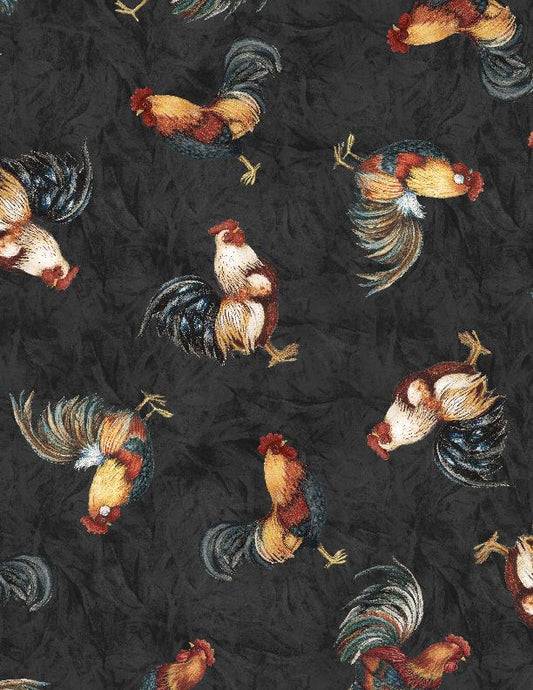 Garden Gate Roosters - Chicken All Over Black - Licence To Quilt