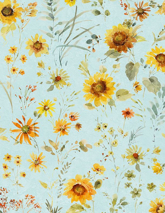 Sunflower Sweet - Flowers All Over Light Teal
