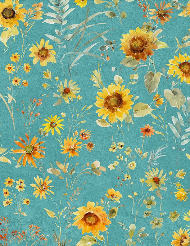 Sunflower Sweet - Flowers All Over Teal - Licence To Quilt