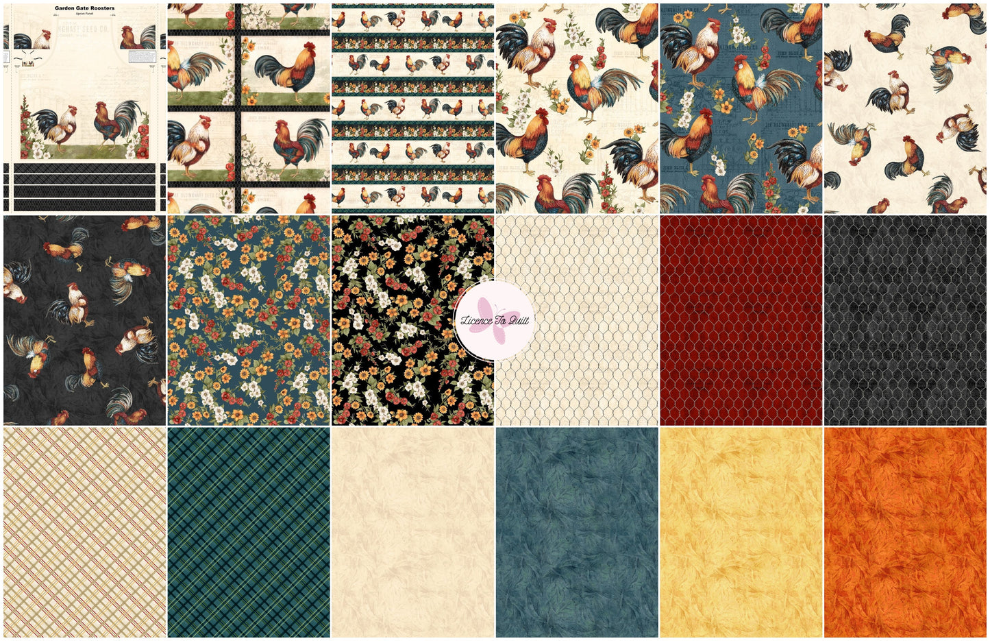 Garden Gate Roosters - Chicken All Over Cream - Licence To Quilt