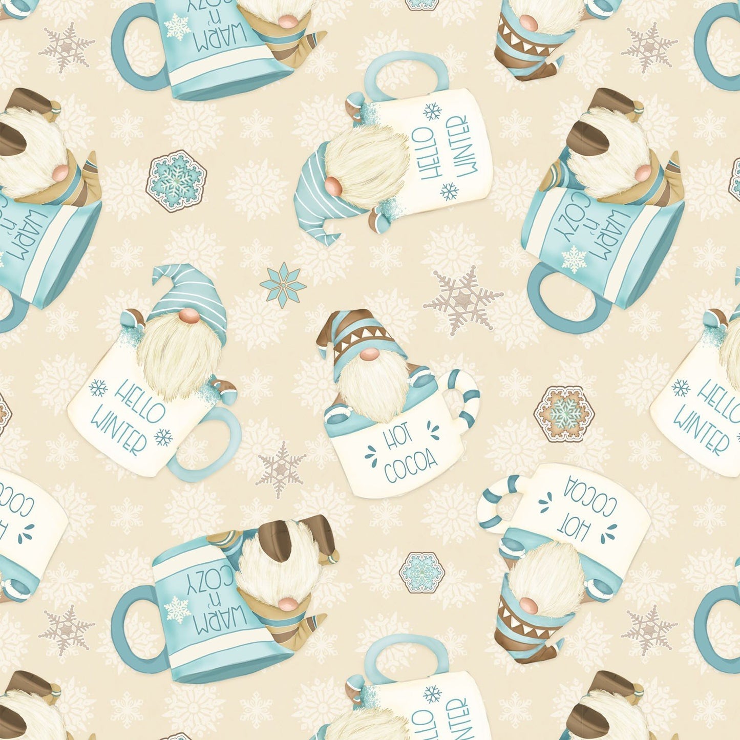 I Love Sn'Gnomies Flannel - Hot Cocoa Cup Gnomes Beige - Licence To Quilt